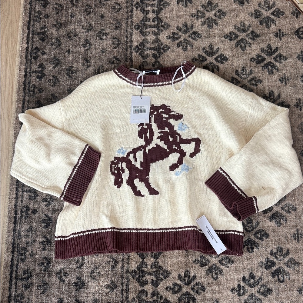 Princess Polly Cream Crewneck Sweater with Brown Horse Motif